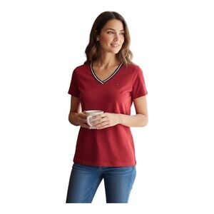 Tommy Hilfiger Red V Neck T Shirt Short Sleeve Logo Accent Womens M